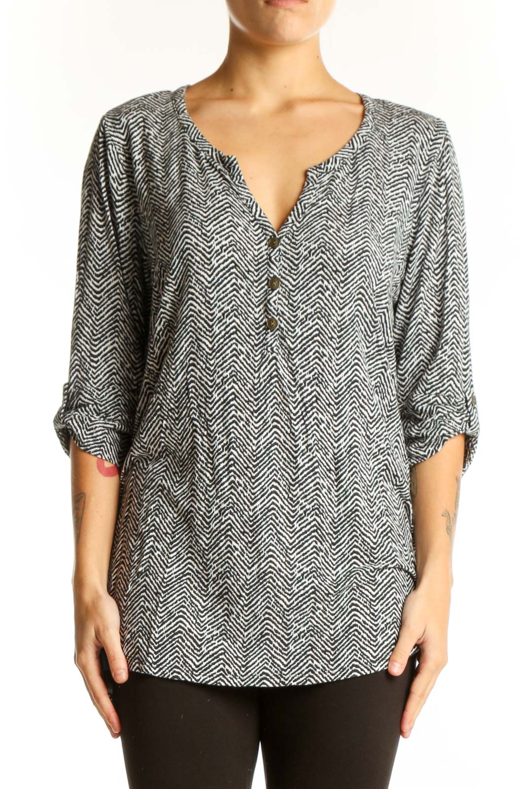 Front view of 41 Hawthorn black and white herringbone print blouse with V-neck