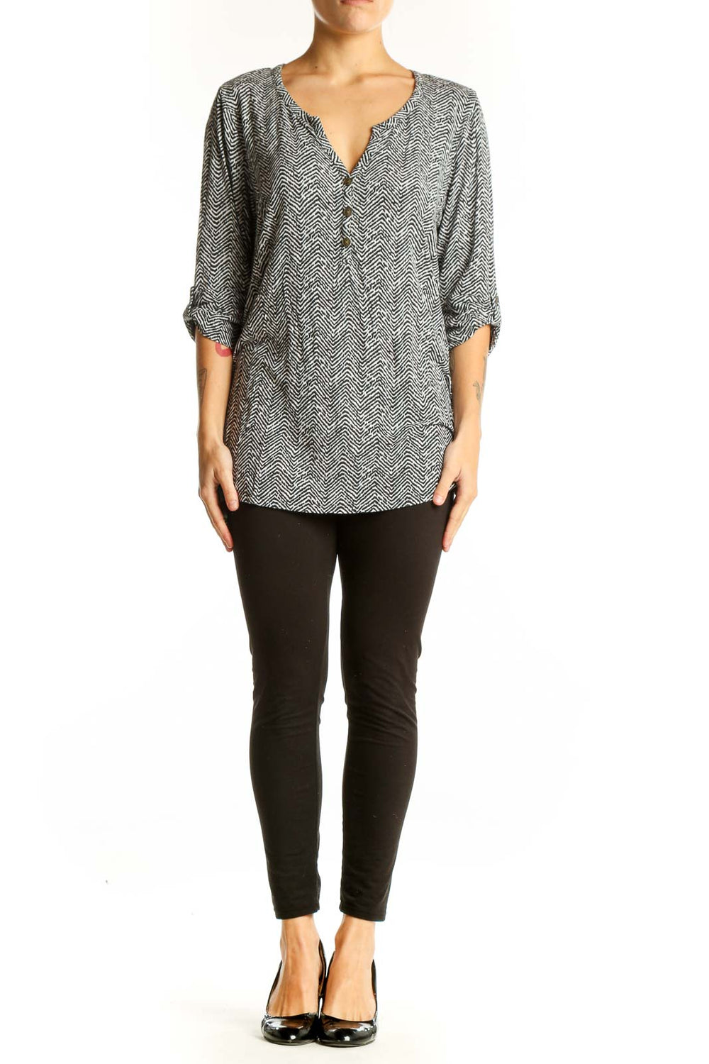 Front view of 41 Hawthorn black and white herringbone print blouse with V-neck
