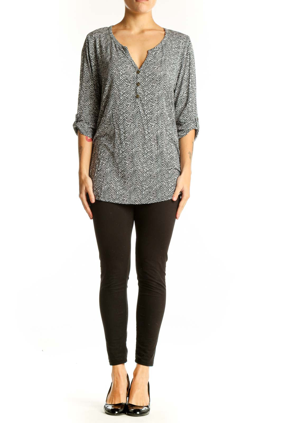 Front view of 41 Hawthorn black and white herringbone print blouse with V-neck