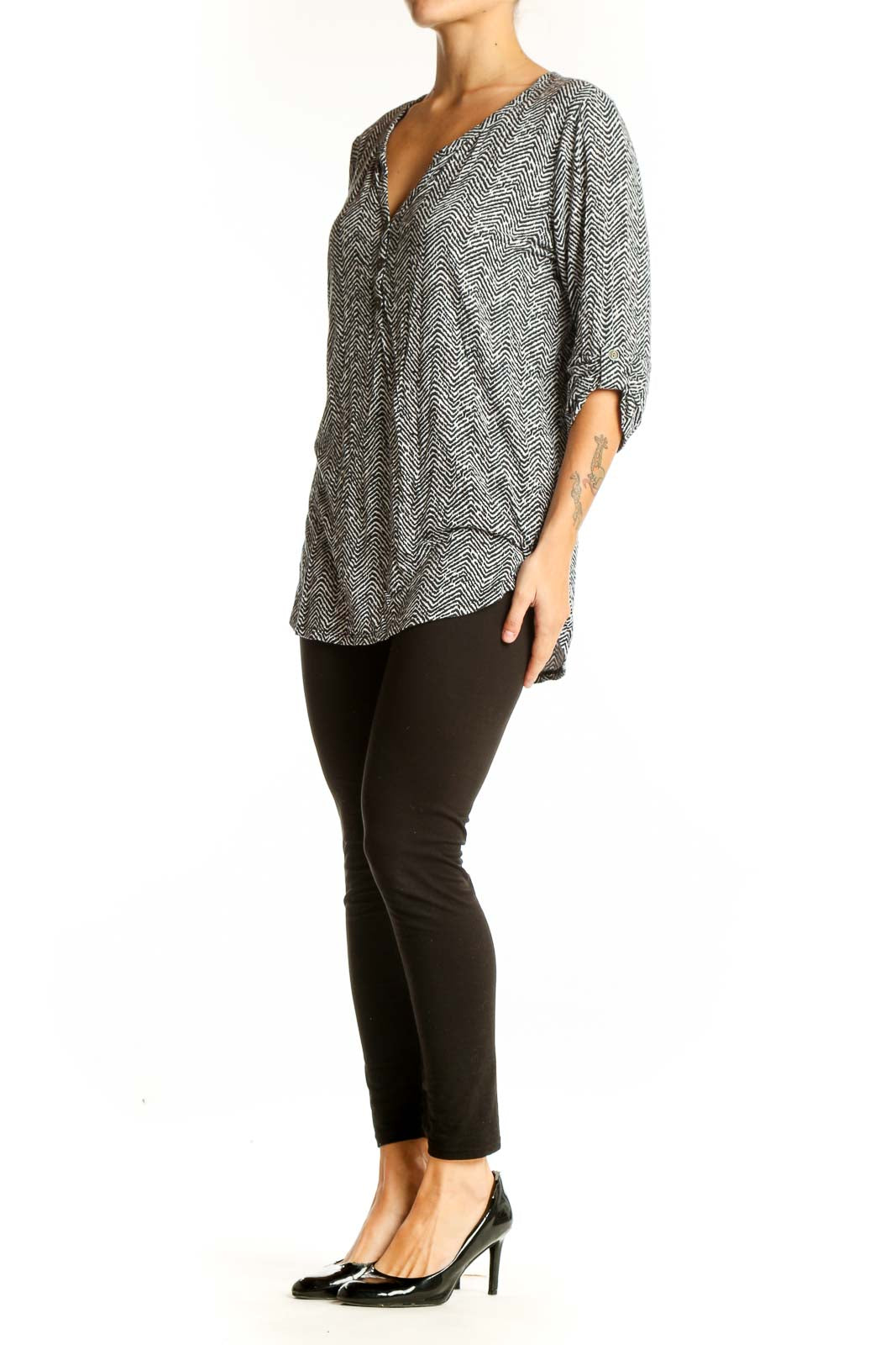 Front view of 41 Hawthorn black and white herringbone print blouse with V-neck