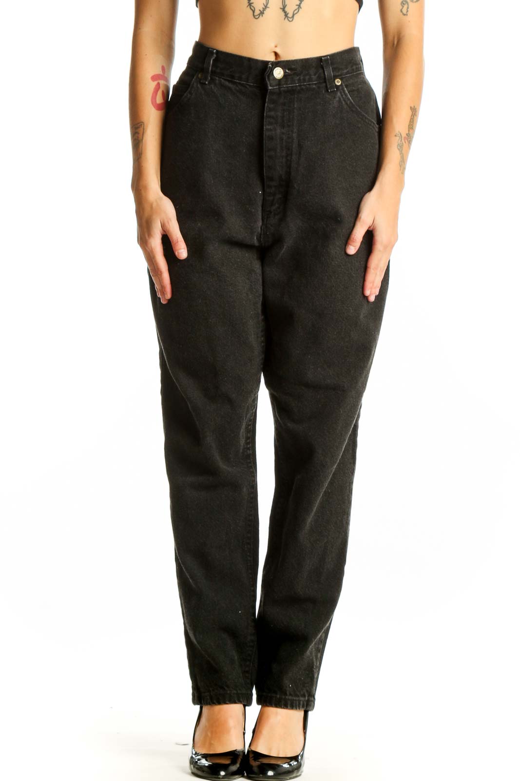Front view of black high-waisted relaxed fit jeans from Riders Denim
