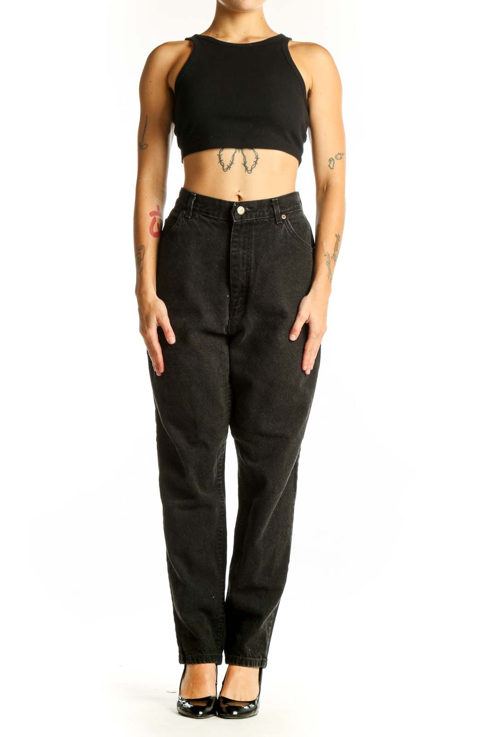 Front view of black high-waisted relaxed fit jeans from Riders Denim