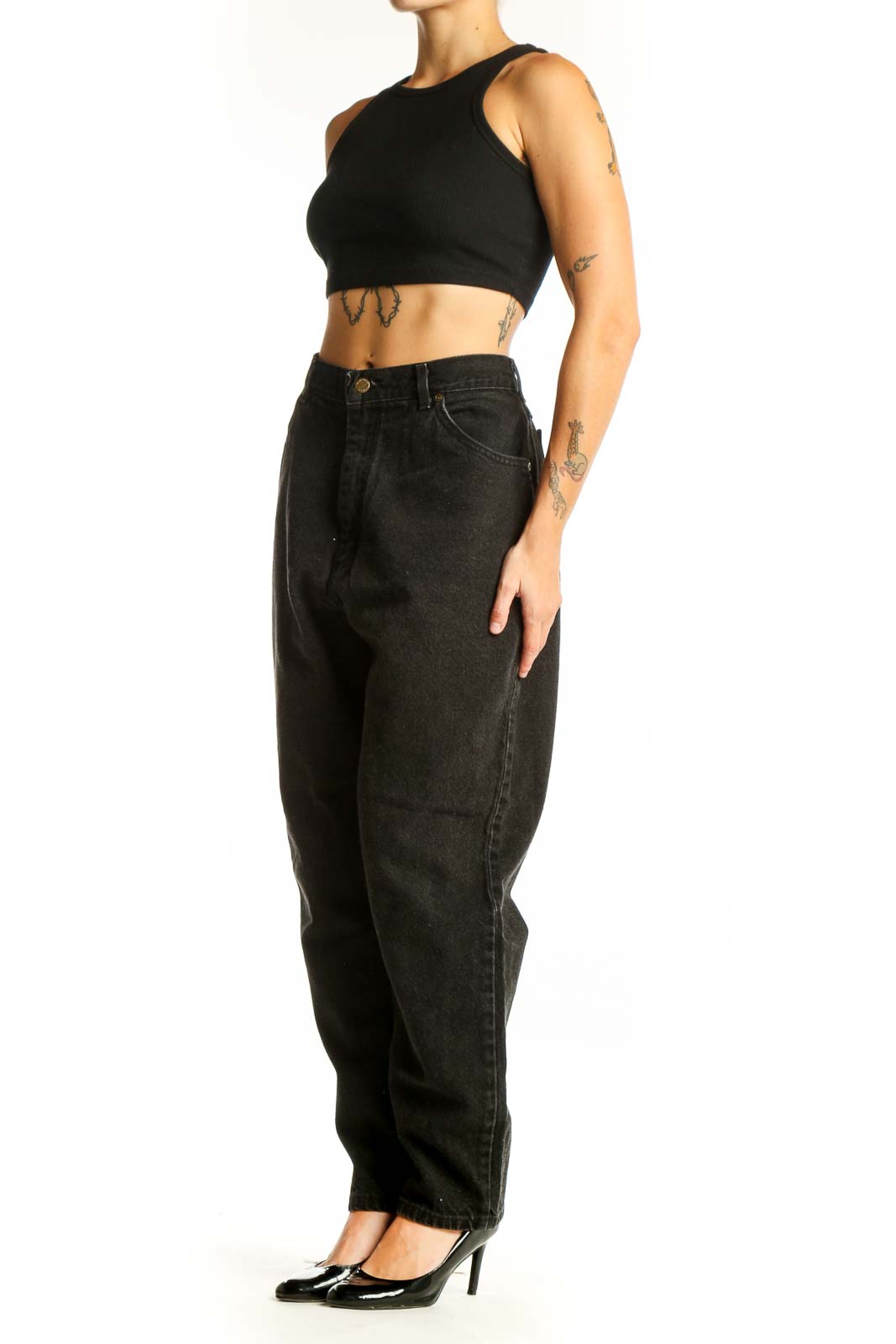 Front view of black high-waisted relaxed fit jeans from Riders Denim