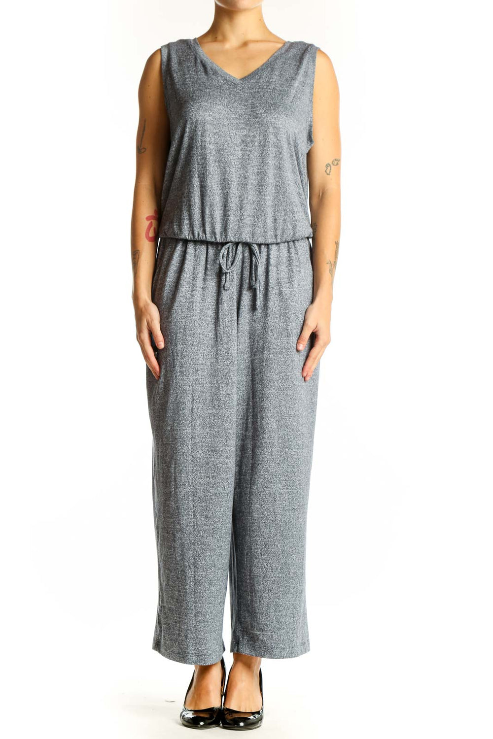 Front view of 32 Degrees gray sleeveless jumpsuit with V-neck and drawstring waist