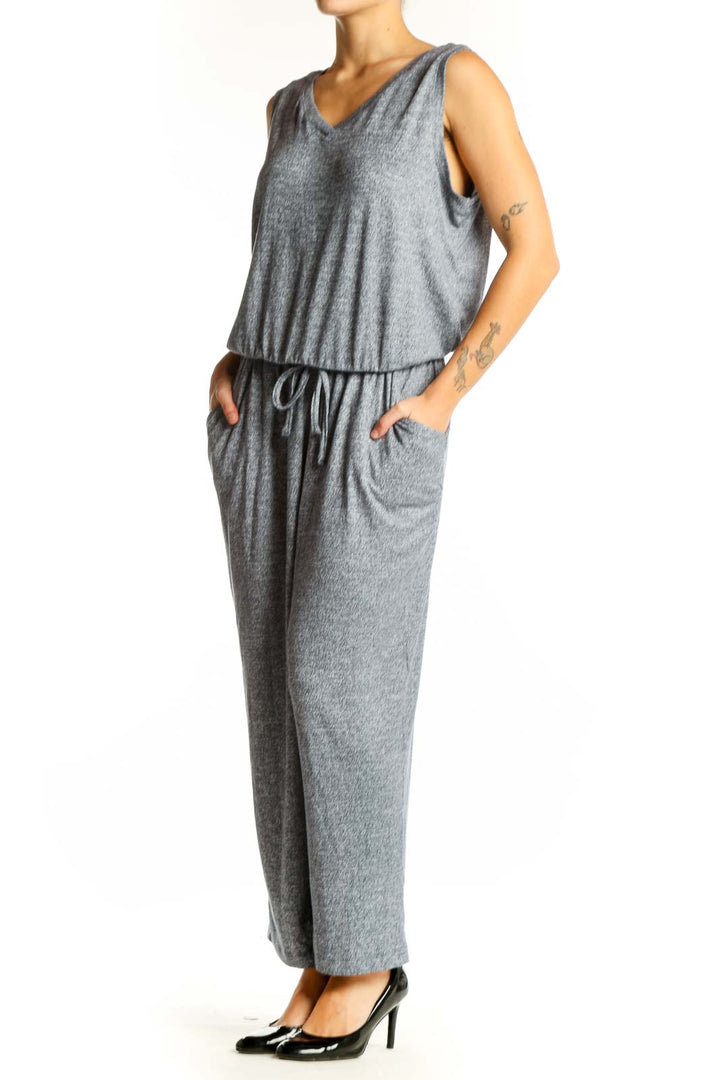 Front view of 32 Degrees gray sleeveless jumpsuit with V-neck and drawstring waist