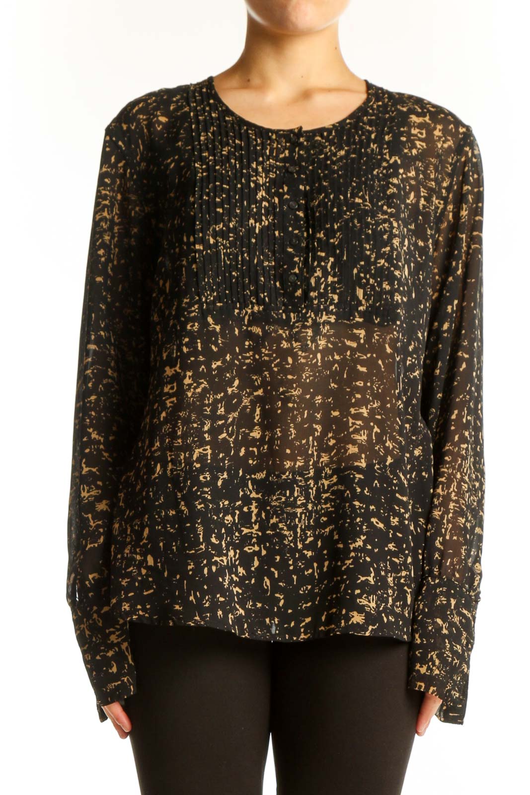 Front view of Converse One Star black and gold abstract print blouse