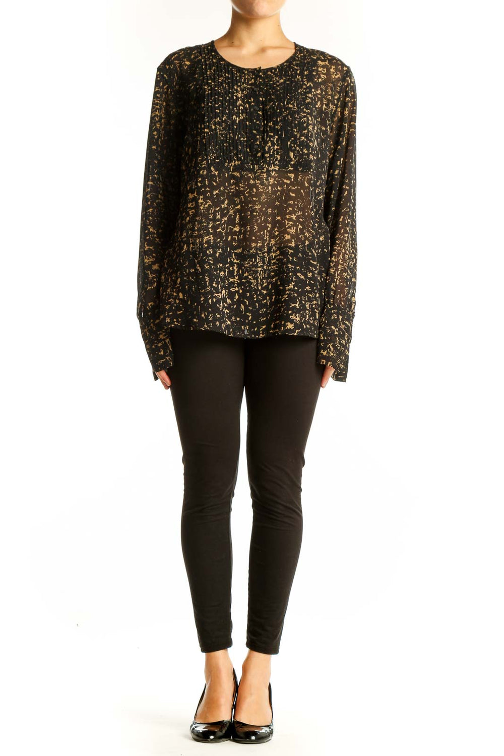 Front view of Converse One Star black and gold abstract print blouse