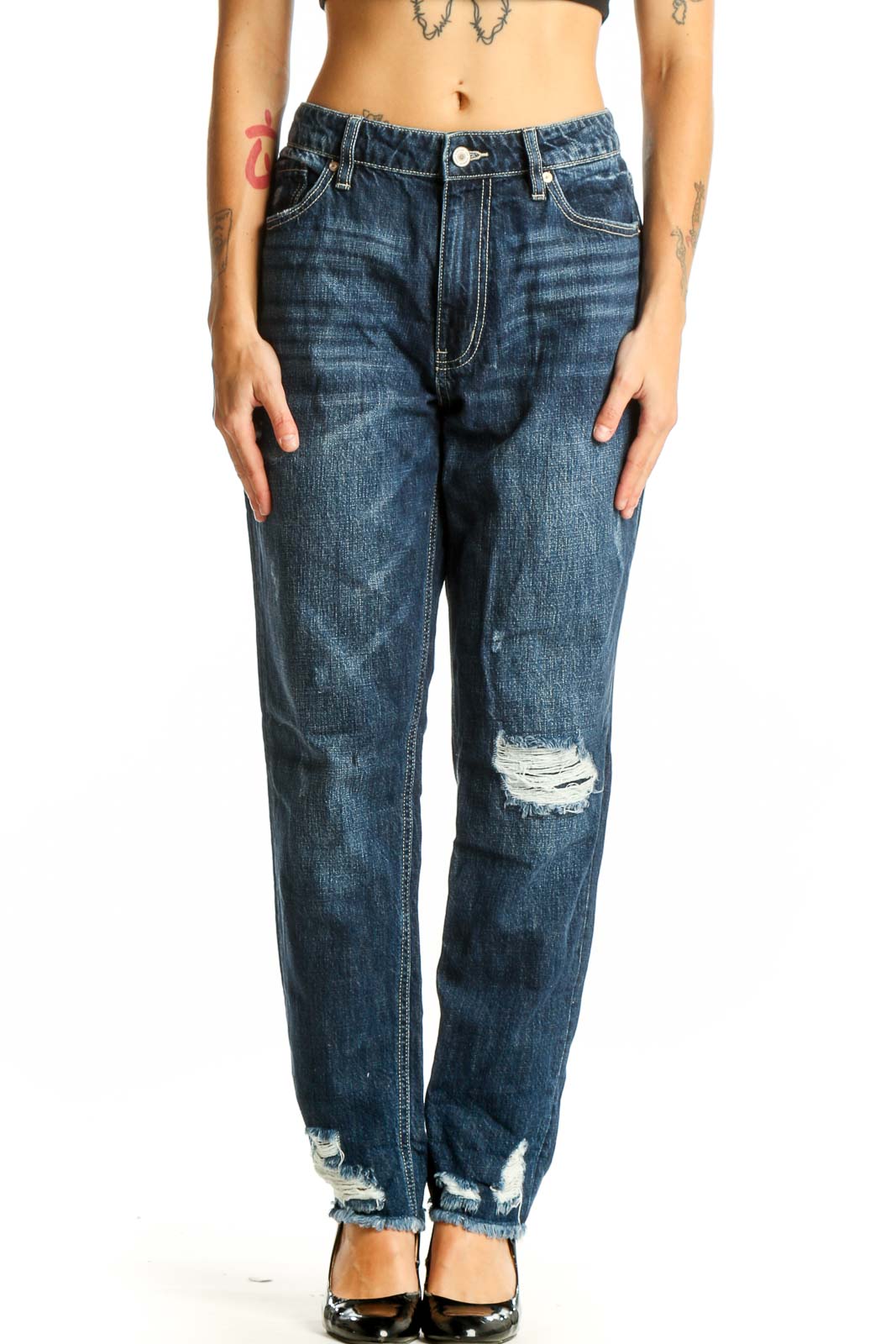 Front view of Kancan dark blue distressed boyfriend jeans with knee rip
