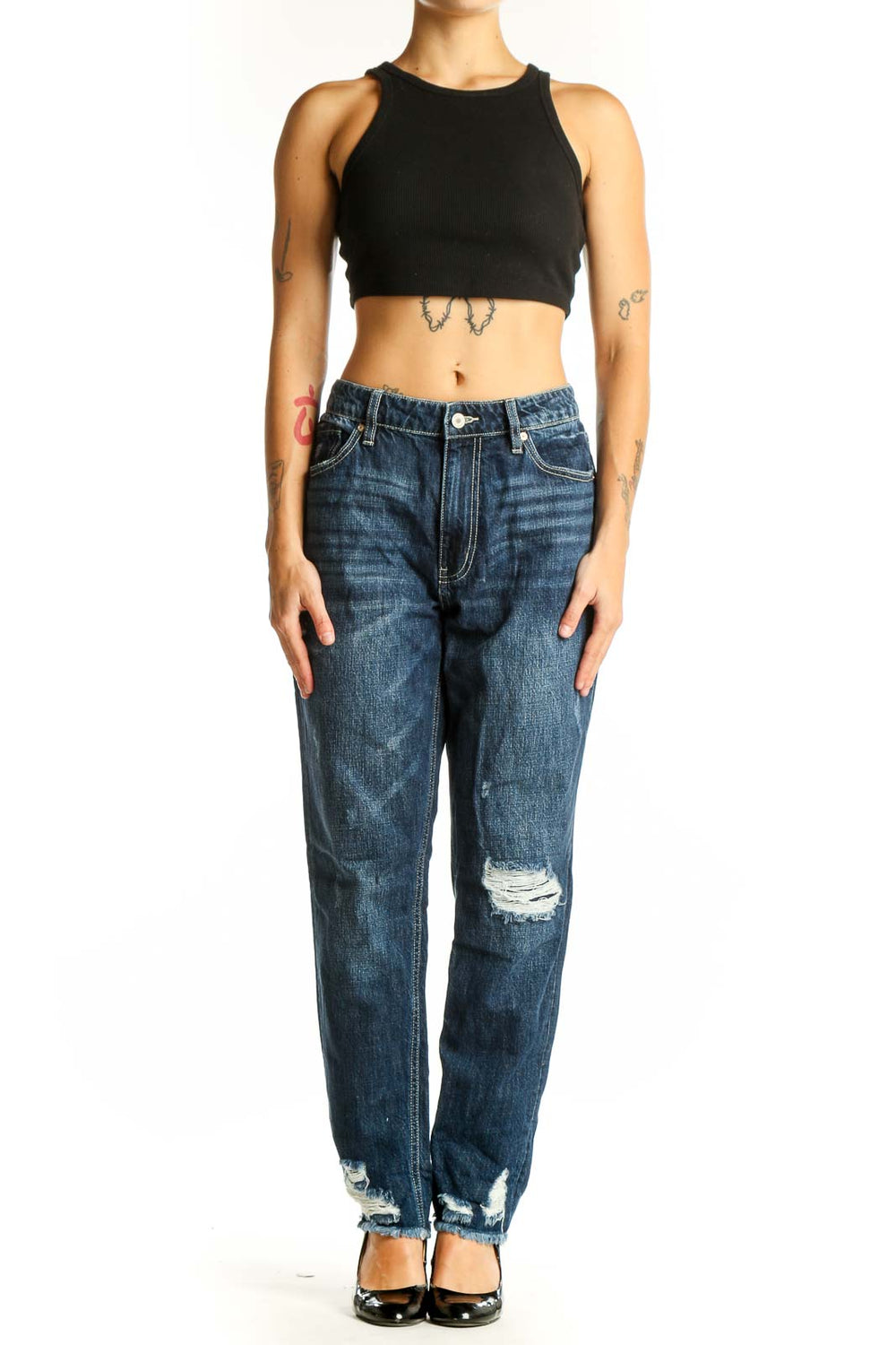 Front view of Kancan dark blue distressed boyfriend jeans with knee rip