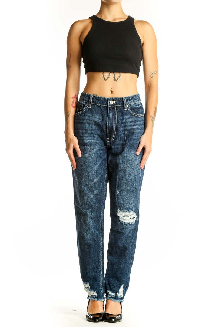 Front view of Kancan dark blue distressed boyfriend jeans with knee rip