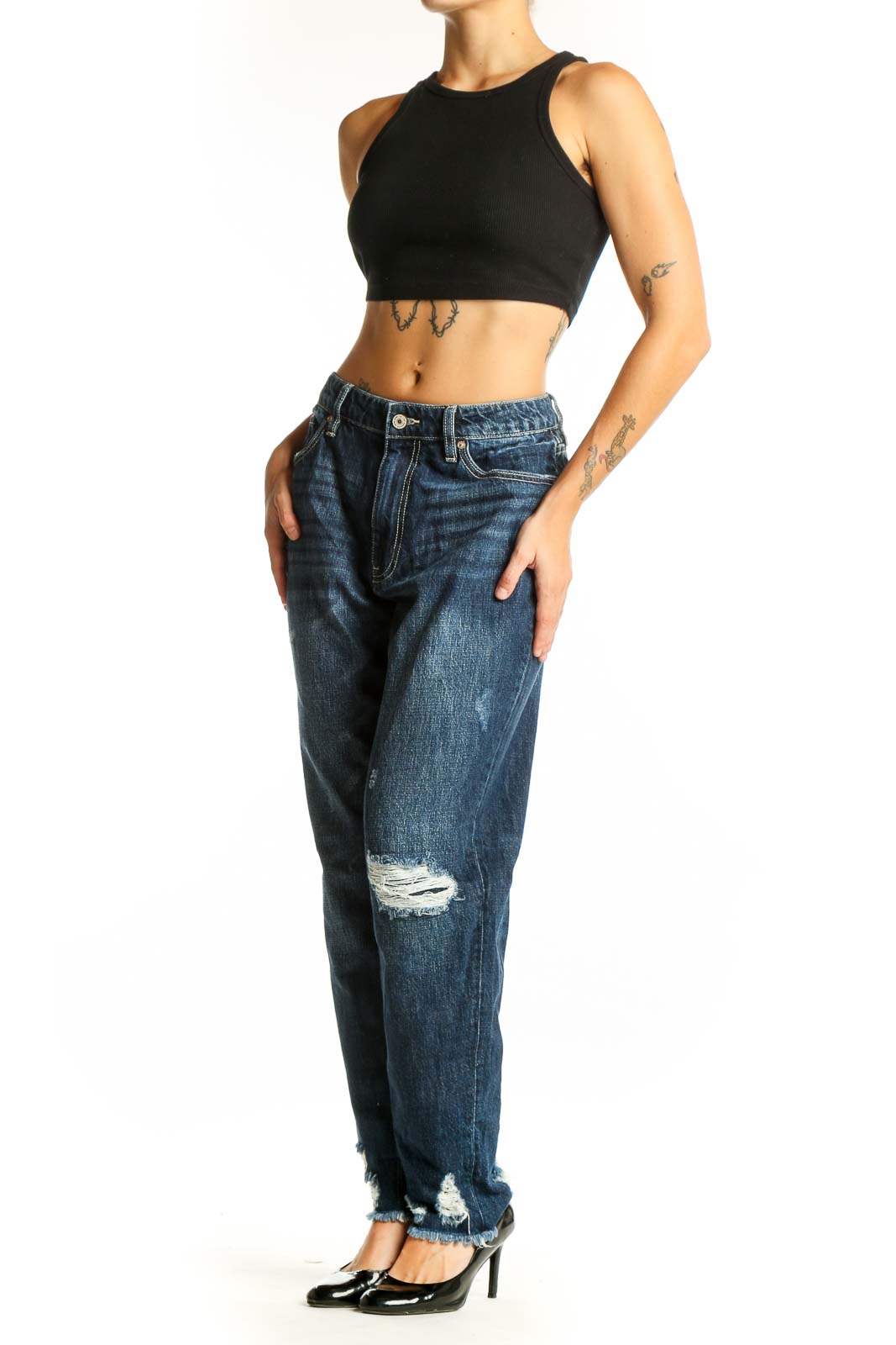 Front view of Kancan dark blue distressed boyfriend jeans with knee rip