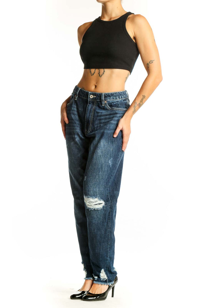 Front view of Kancan dark blue distressed boyfriend jeans with knee rip