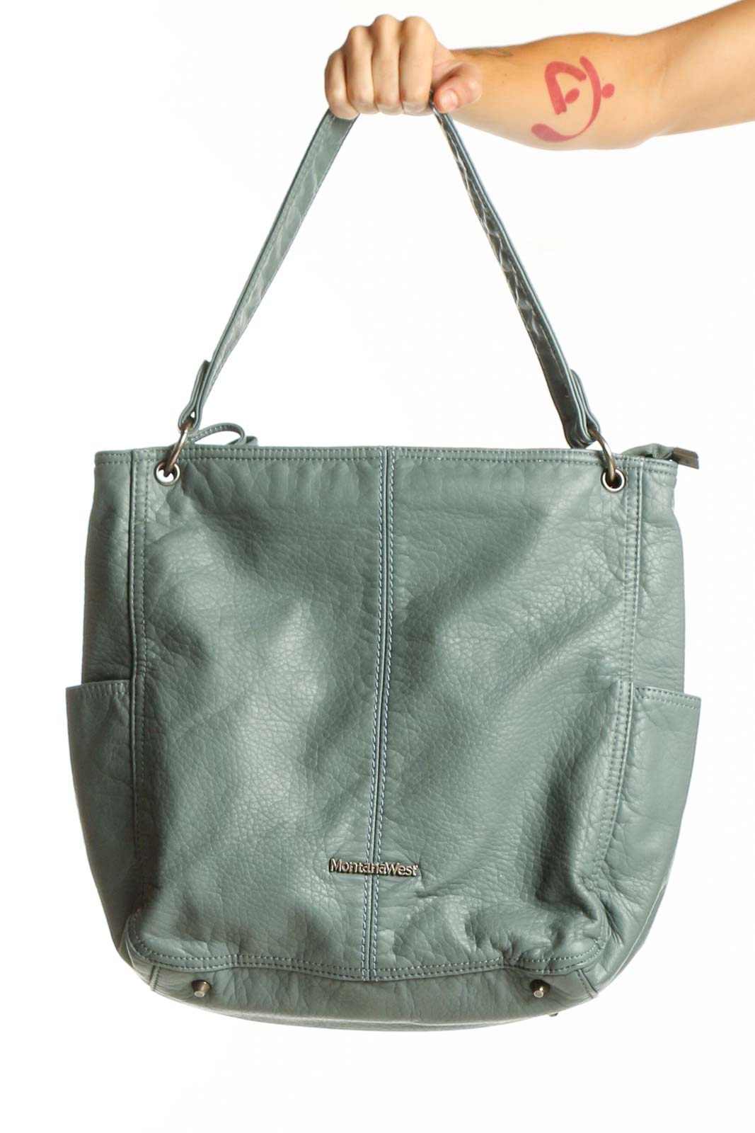 Front view of MontanaWest sage green leather tote bag