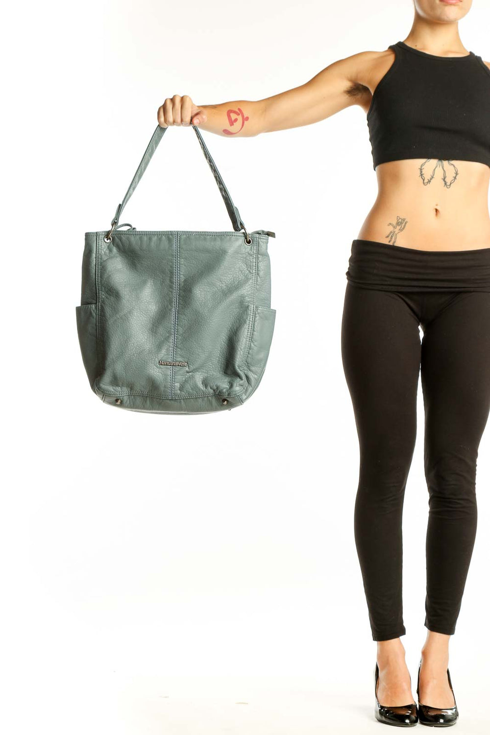 Front view of MontanaWest sage green leather tote bag