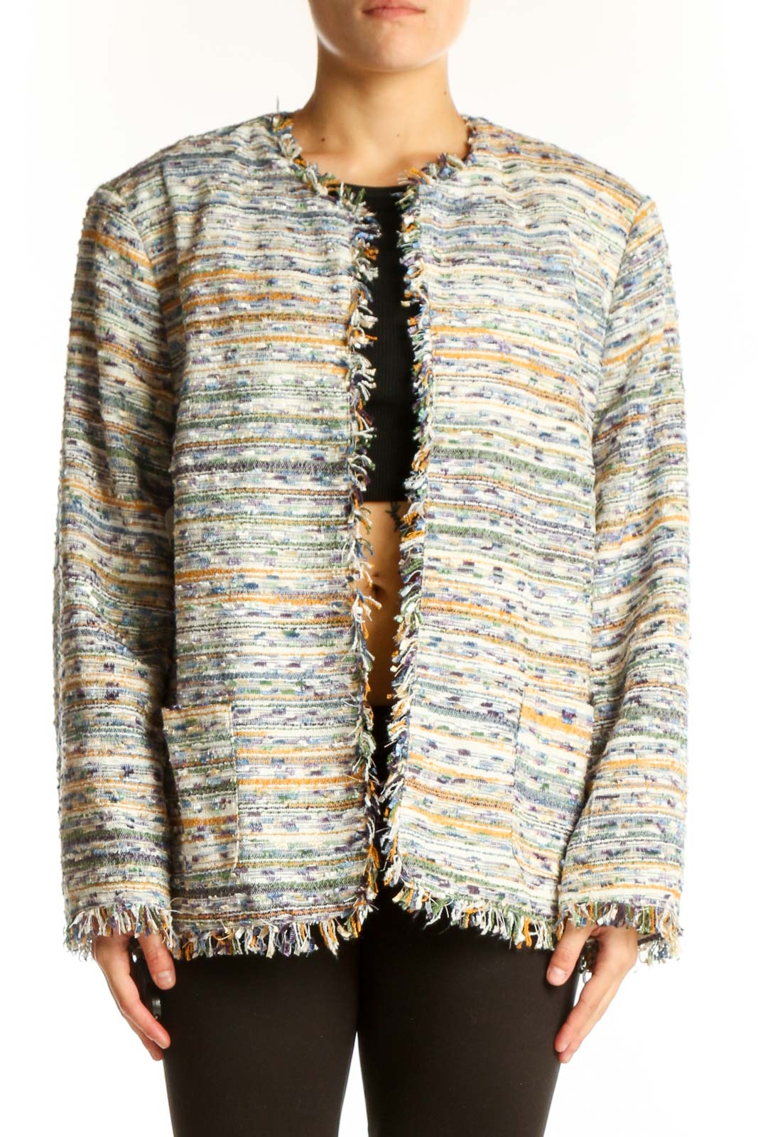 Front view of multicolor striped fringe jacket by Alfred Dunner