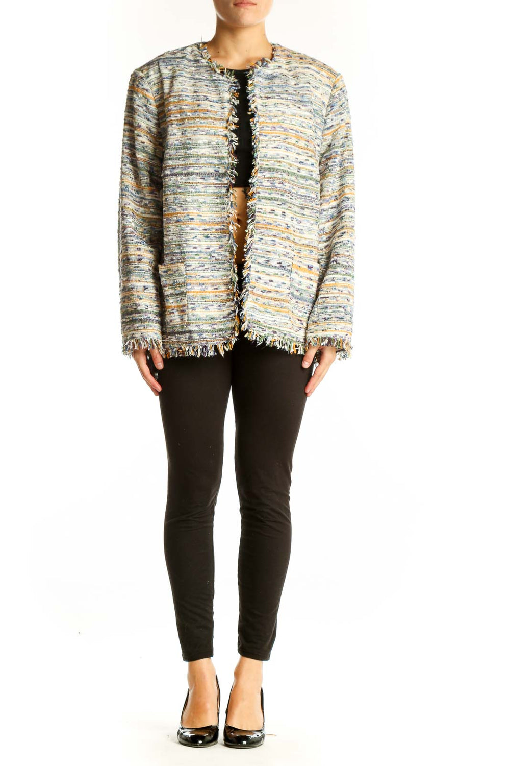 Front view of multicolor striped fringe jacket by Alfred Dunner