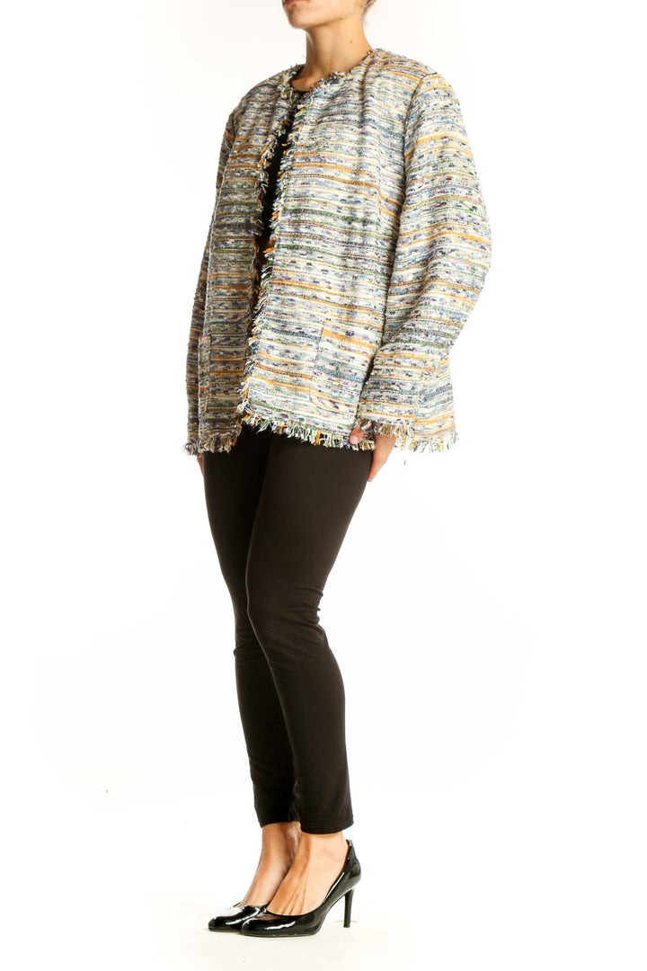 Front view of multicolor striped fringe jacket by Alfred Dunner