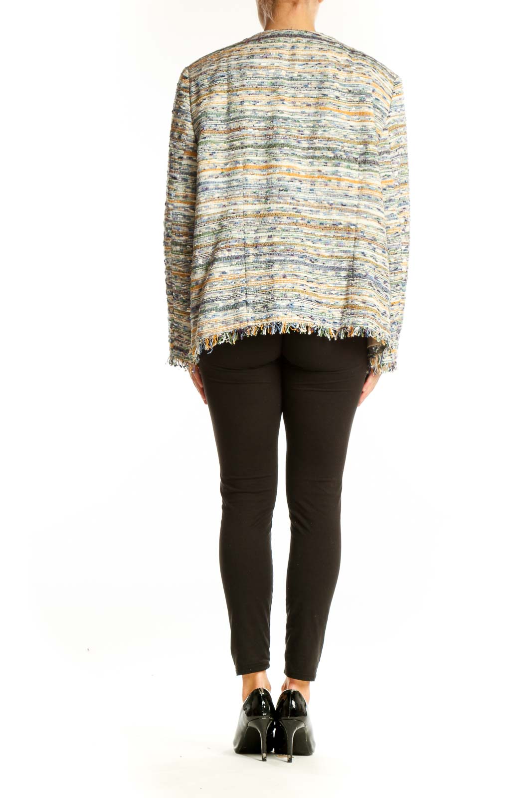 Back view of multicolor striped fringe jacket by Alfred Dunner