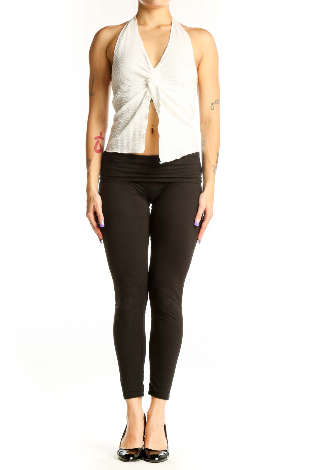 White halter twist crop top with open back detail, front view