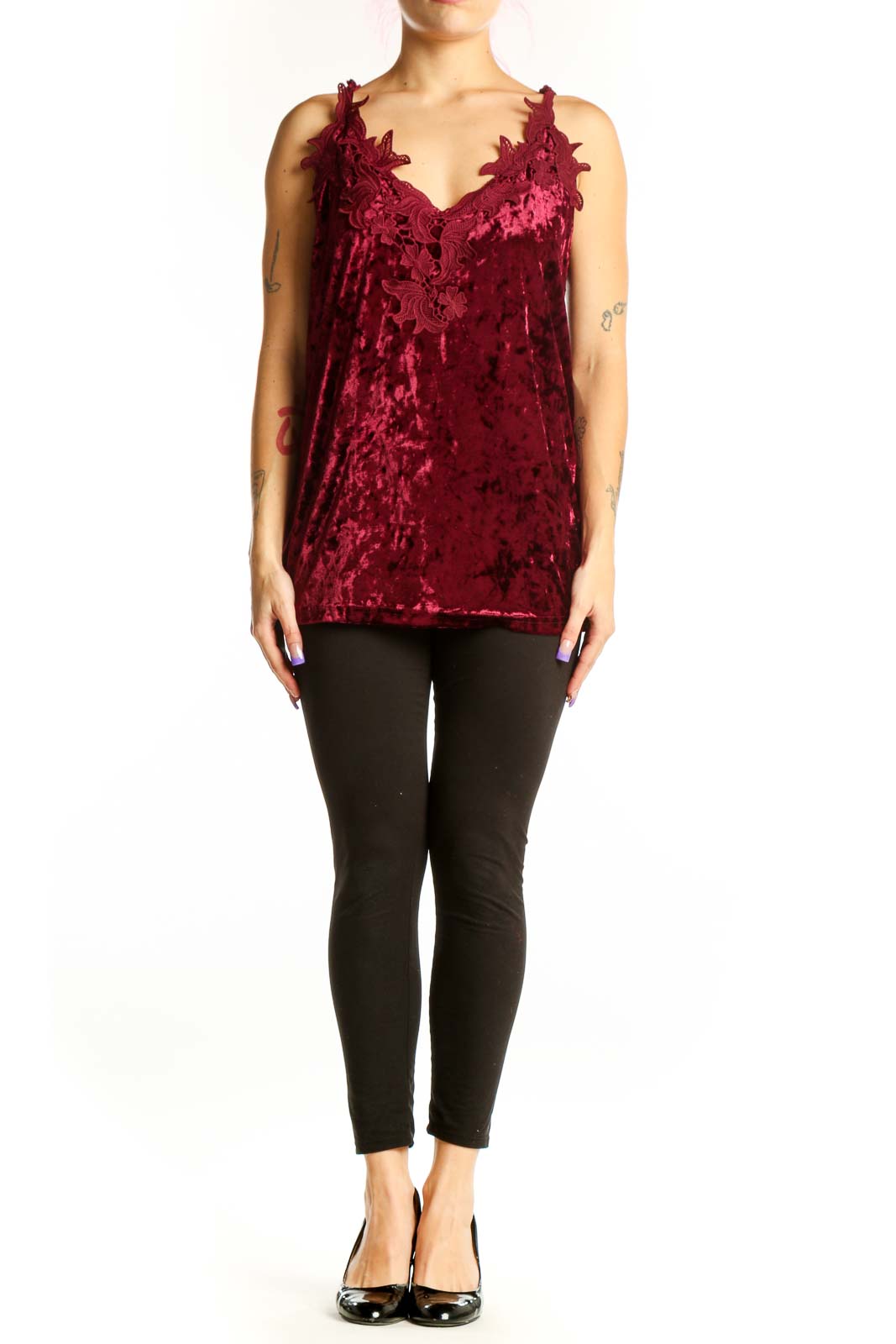 Burgundy velvet camisole top with ruffle neckline and adjustable straps, front view