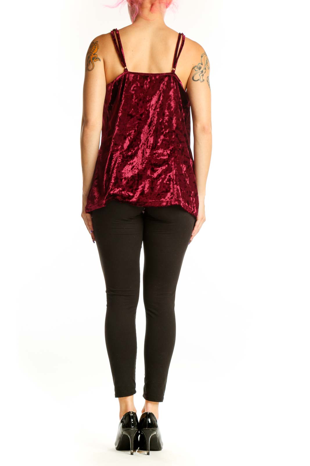 Burgundy velvet ruffle camisole top back view, showing elegant drape and design