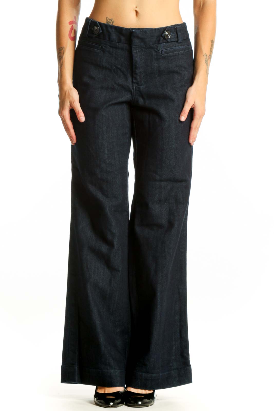 Front view of Banana Republic dark blue wide-leg denim trousers