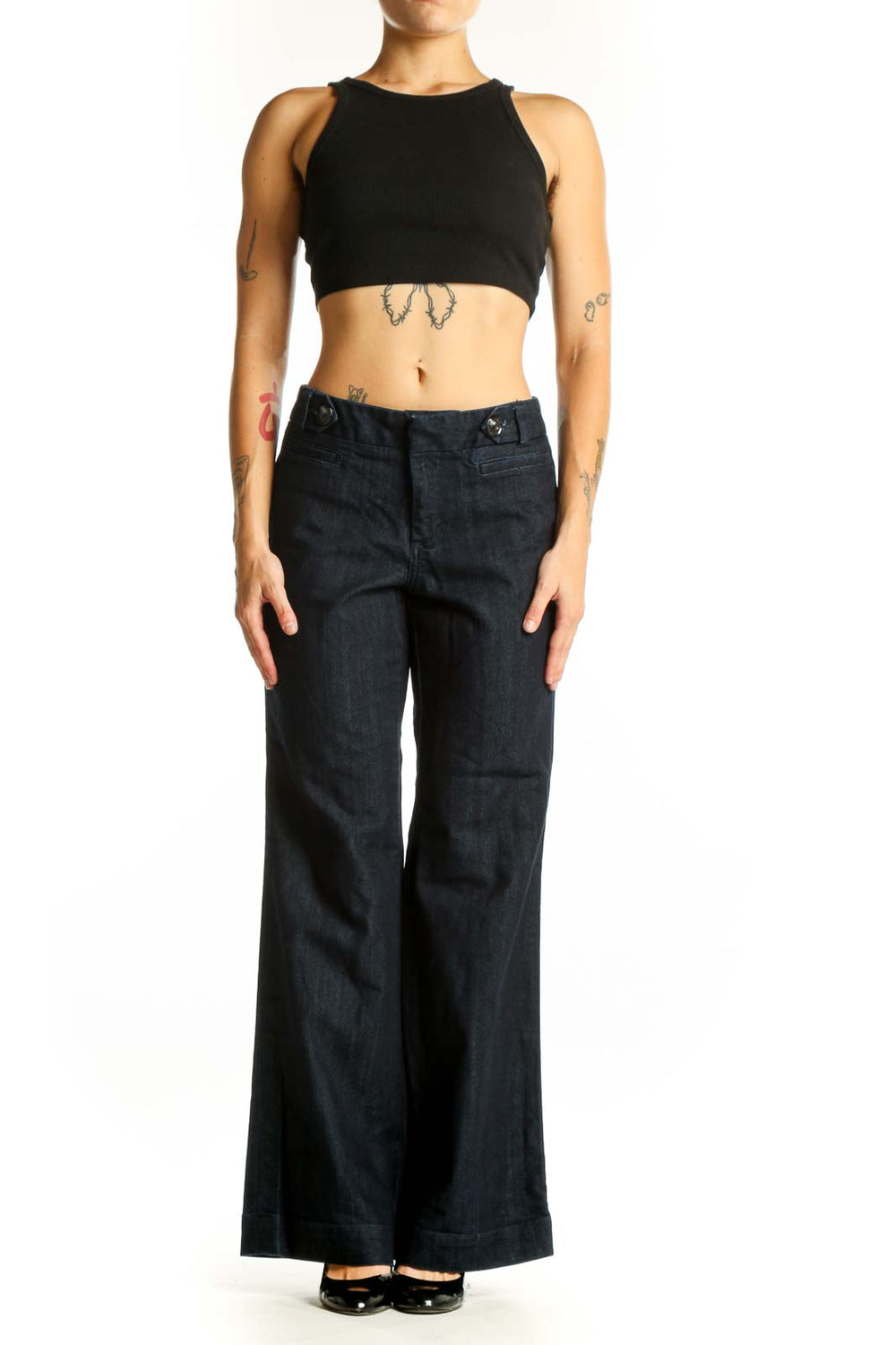 Front view of Banana Republic dark blue wide-leg denim trousers