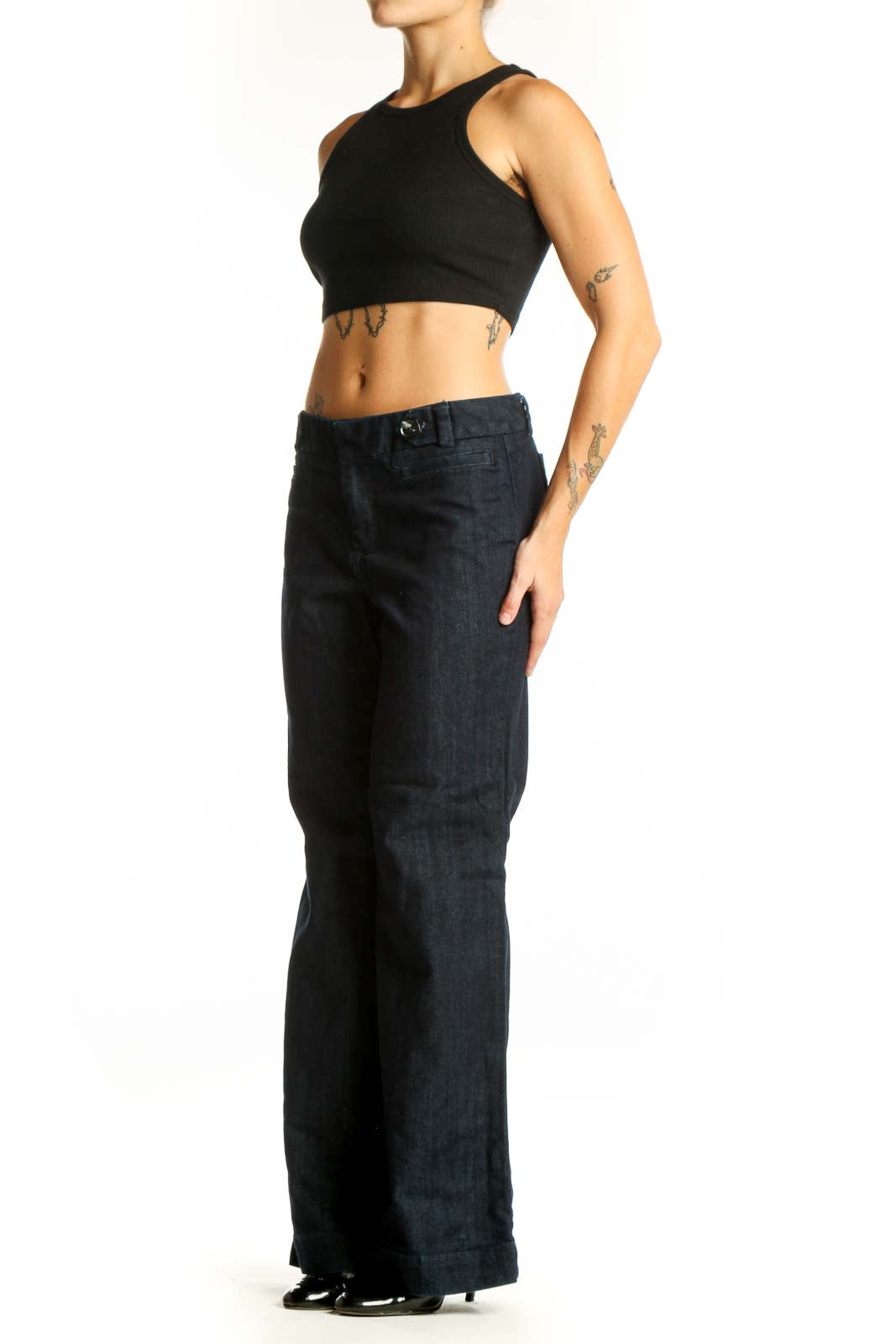 Front view of Banana Republic dark blue wide-leg denim trousers