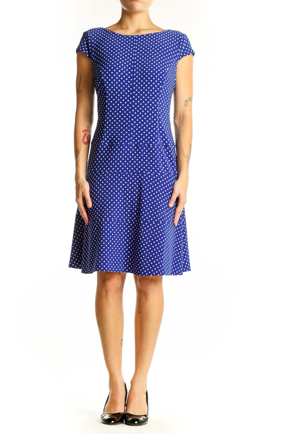 Front view of Anne Klein blue polka dot A-line dress with cap sleeves