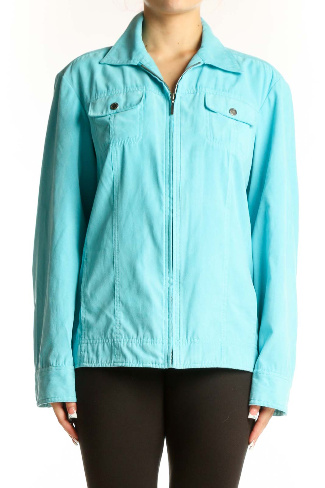 Front view of Amber Sun aqua lightweight zip-up jacket with chest pockets