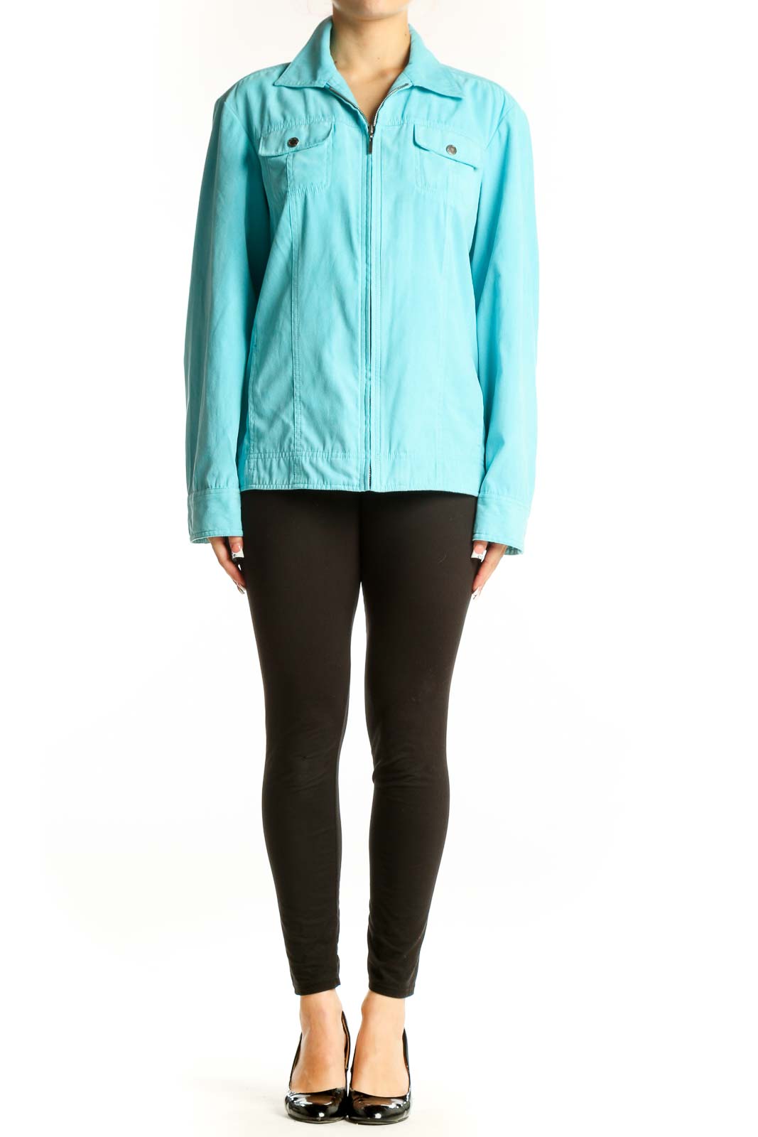 Front view of Amber Sun aqua lightweight zip-up jacket with chest pockets