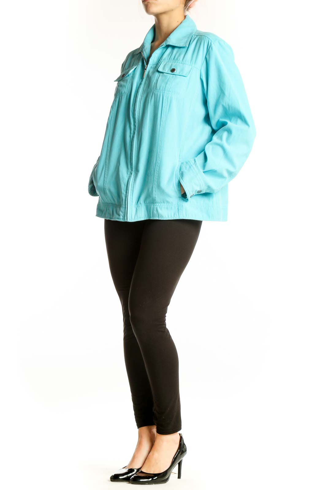 Front view of Amber Sun aqua lightweight zip-up jacket with chest pockets