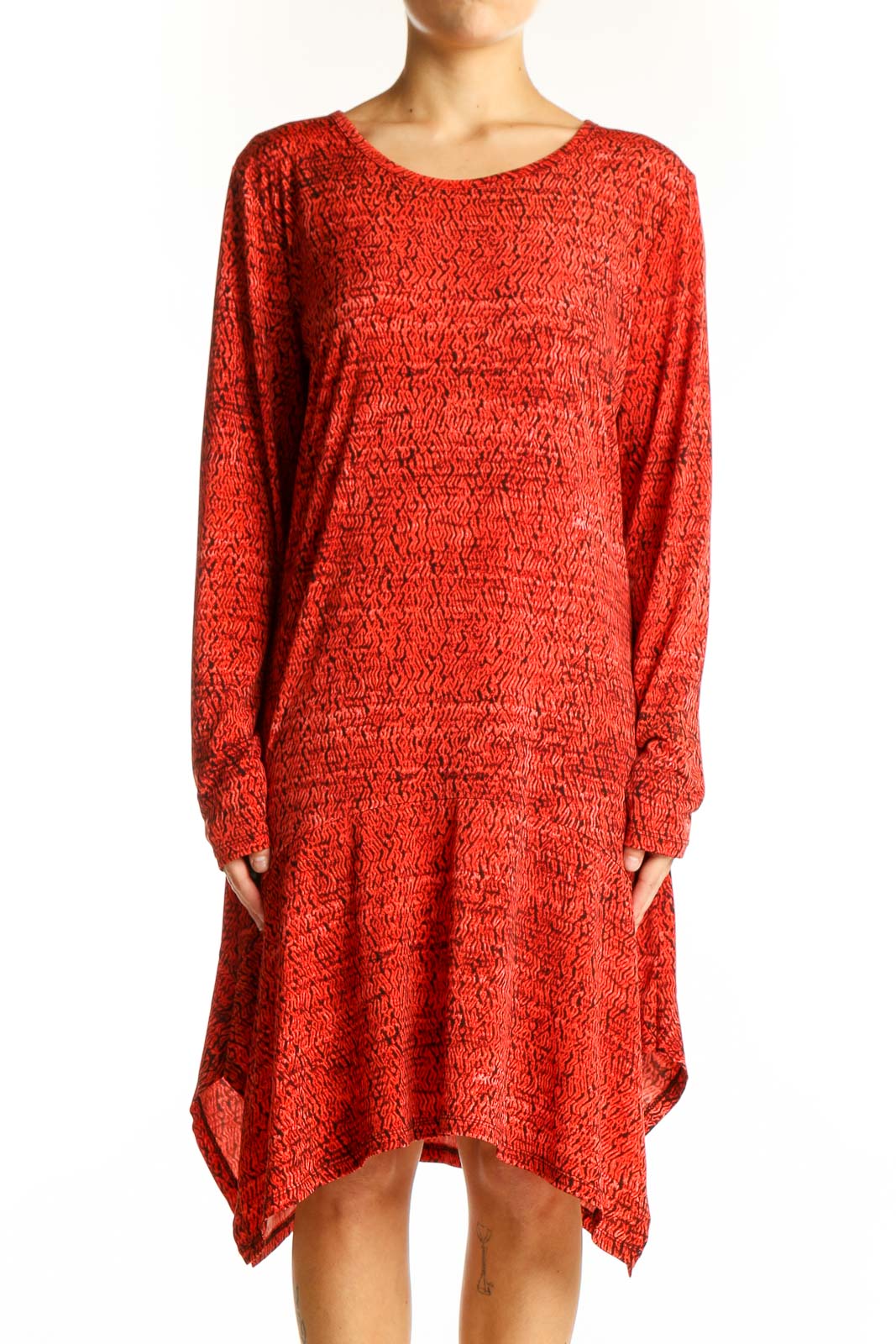 Front view of red textured Michael Kors dress with asymmetrical hemline