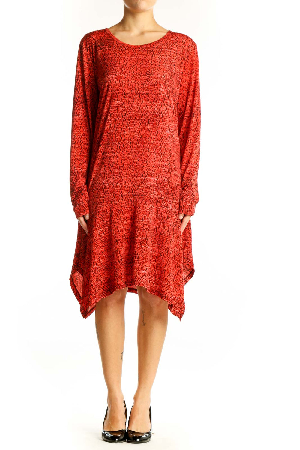 Front view of red textured Michael Kors dress with asymmetrical hemline