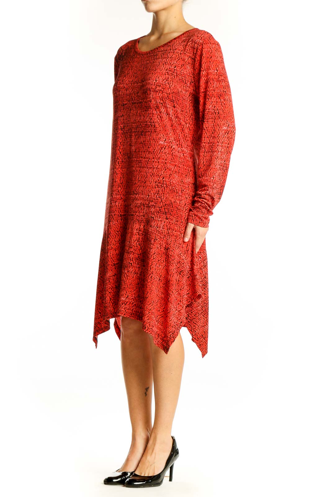 Front view of red textured Michael Kors dress with asymmetrical hemline