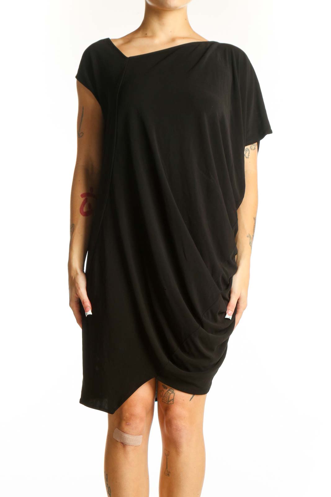Front view of black asymmetrical draped viscose dress by zero + maria cornejo