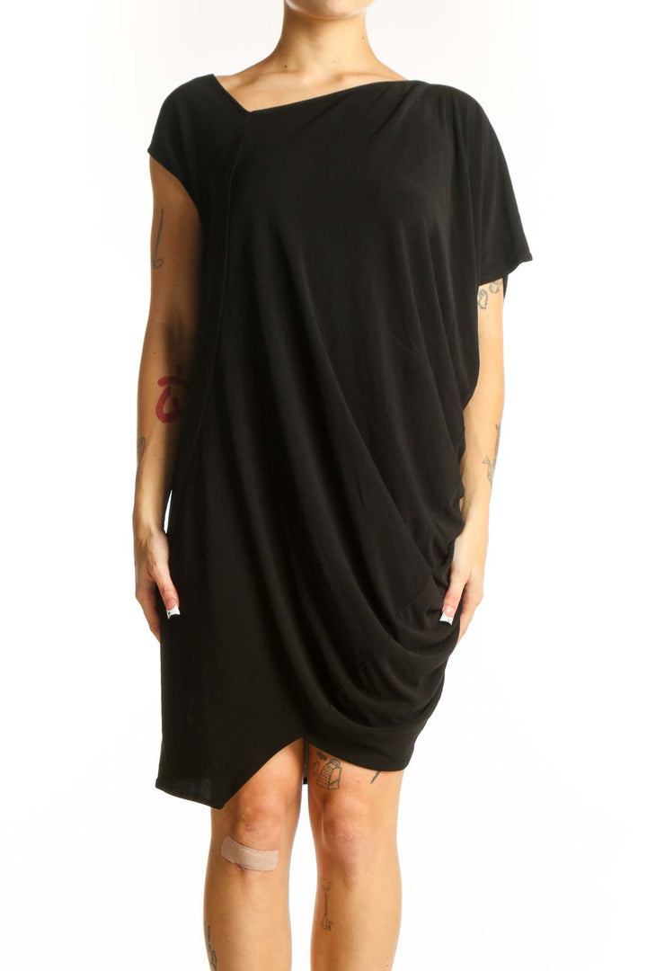Front view of black asymmetrical draped viscose dress by zero + maria cornejo