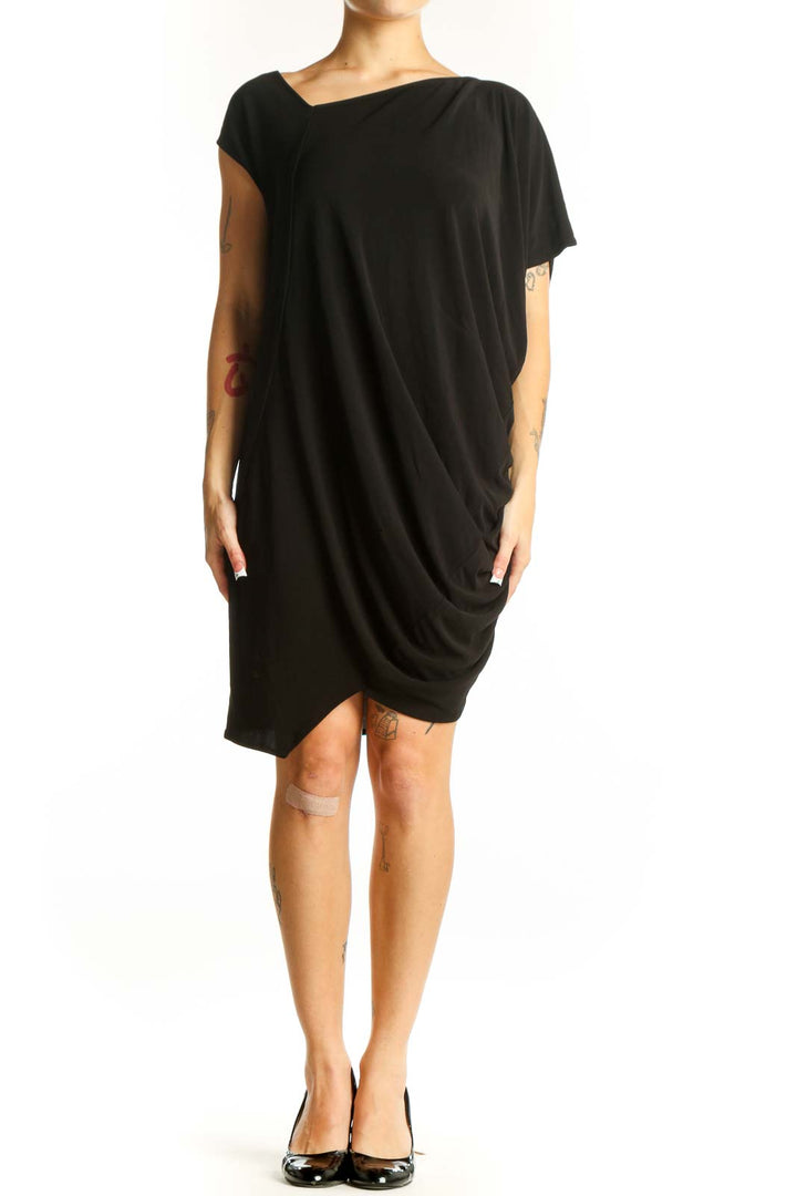 Front view of black asymmetrical draped viscose dress by zero + maria cornejo