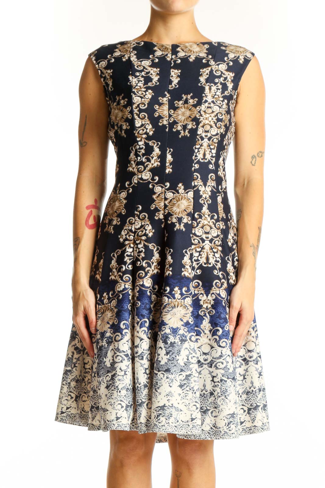 Front view of Gabby Skye Navy Floral Ombre Fit-and-Flare Dress with golden pattern