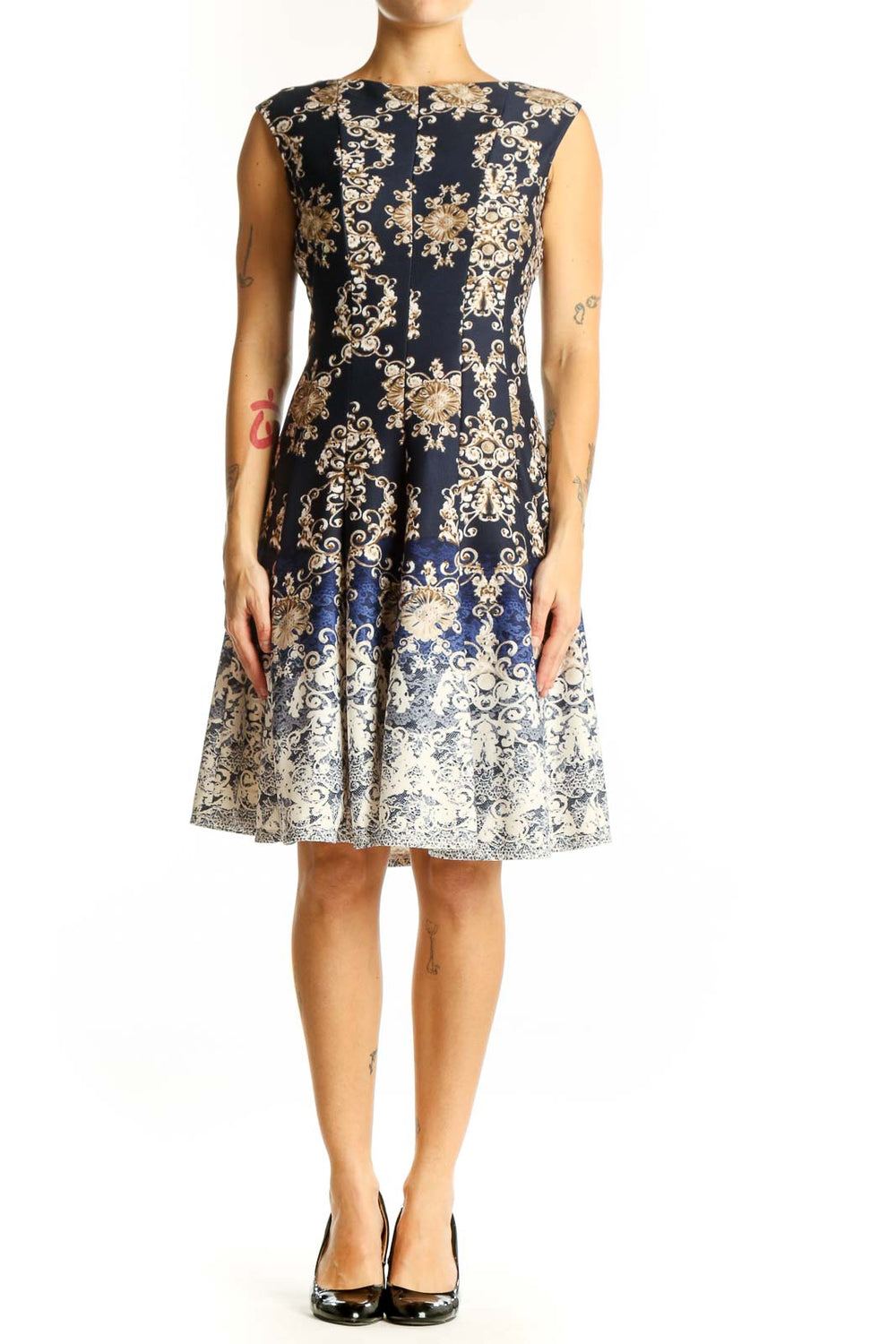 Front view of Gabby Skye Navy Floral Ombre Fit-and-Flare Dress with golden pattern