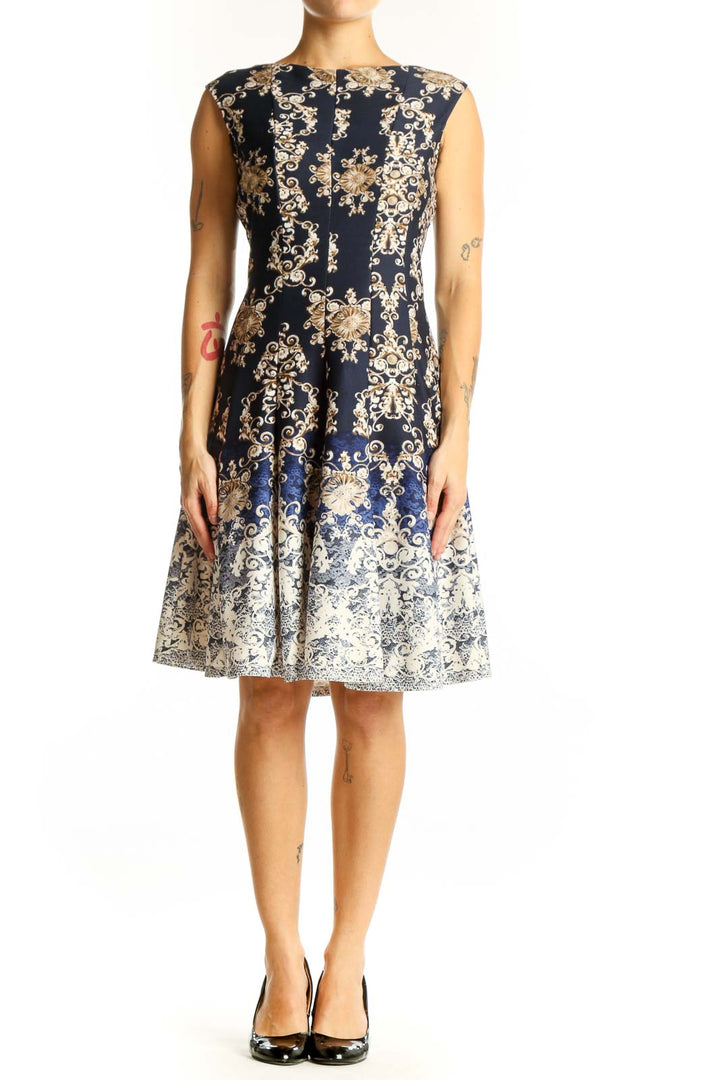 Front view of Gabby Skye Navy Floral Ombre Fit-and-Flare Dress with golden pattern