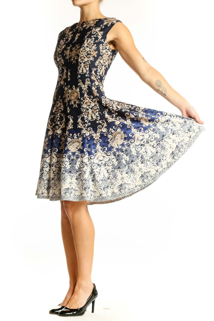Front view of Gabby Skye Navy Floral Ombre Fit-and-Flare Dress with golden pattern