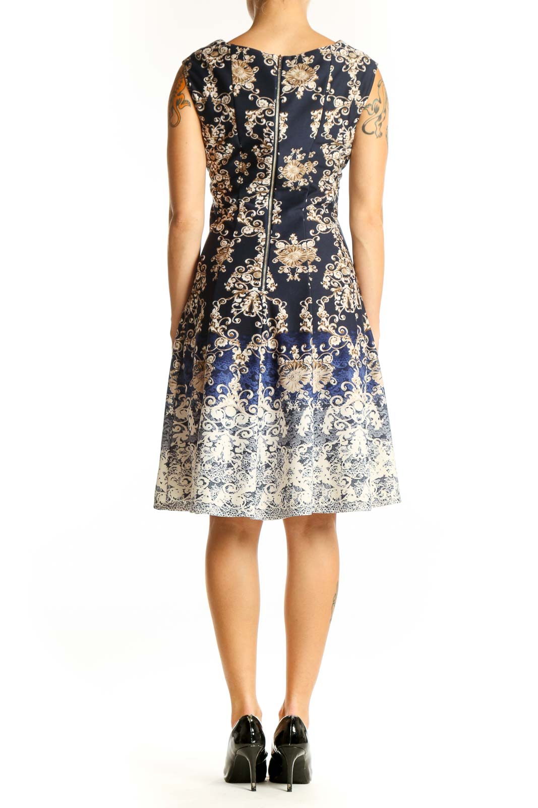 Back view of Gabby Skye Navy Floral Ombre Fit-and-Flare Dress showing full skirt