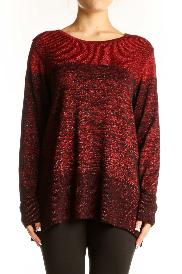 Front view of ALYX red metallic knit sweater with textured design