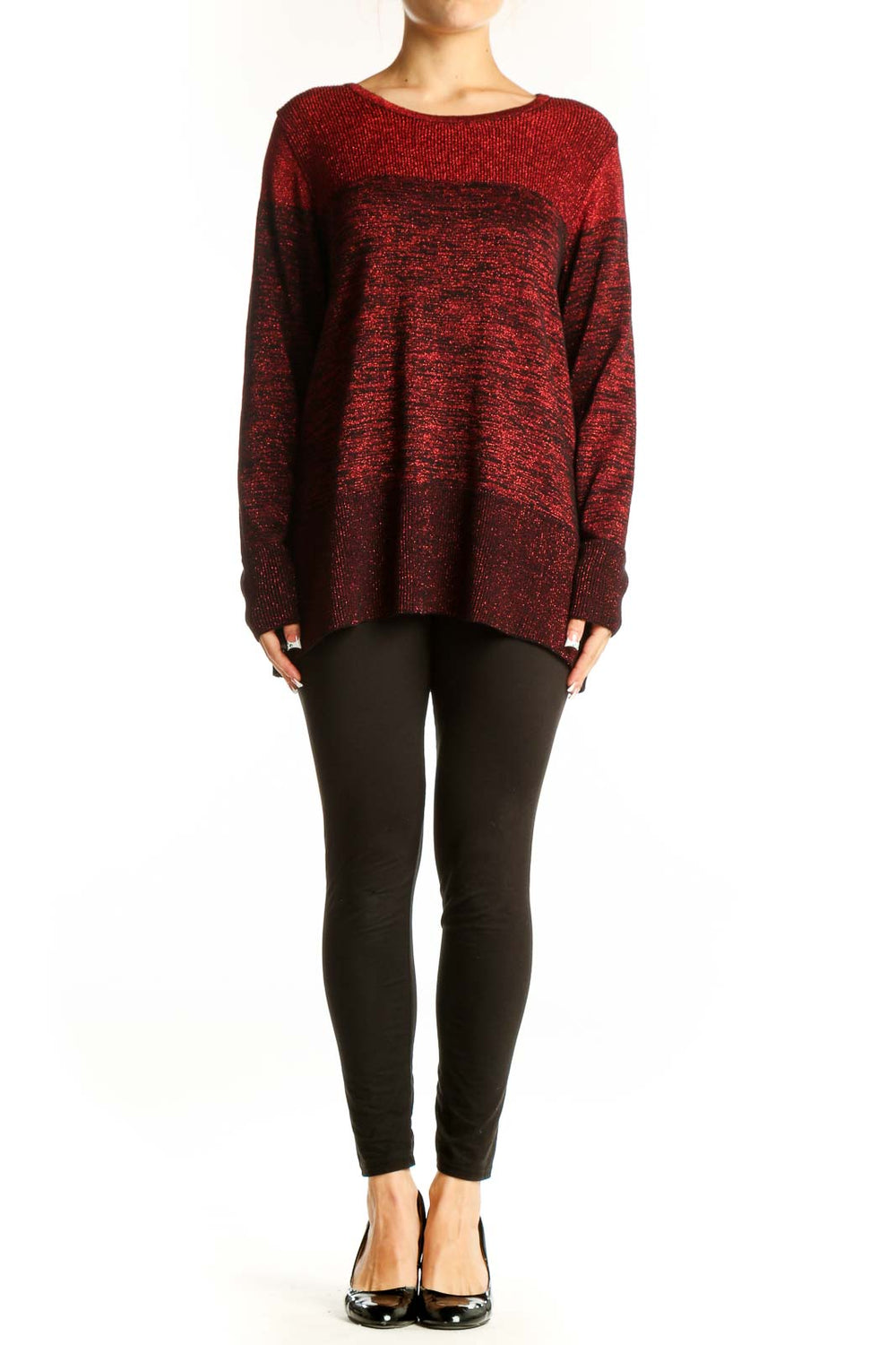 Front view of ALYX red metallic knit sweater with textured design