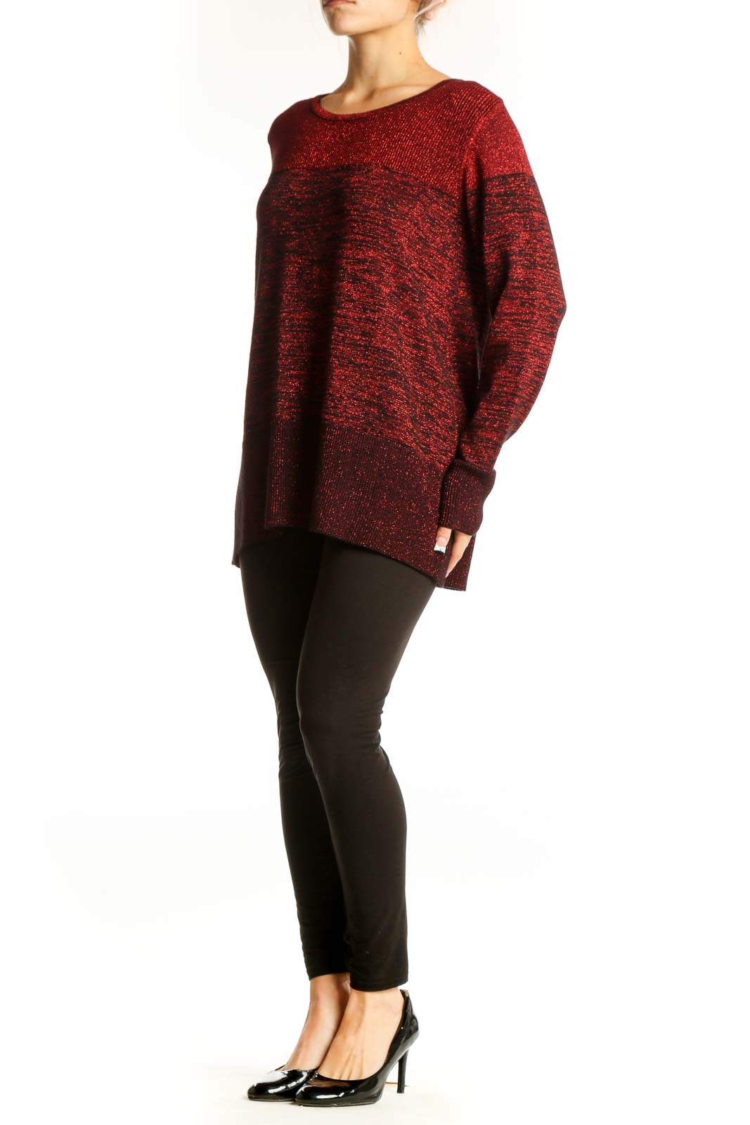 Front view of ALYX red metallic knit sweater with textured design