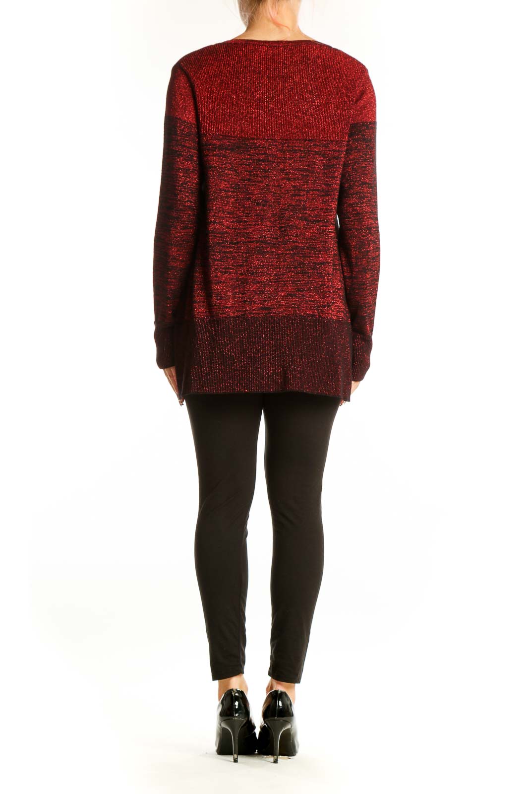 Side view of ALYX red metallic knit sweater showing relaxed fit
