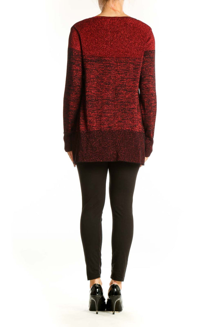 Side view of ALYX red metallic knit sweater showing relaxed fit