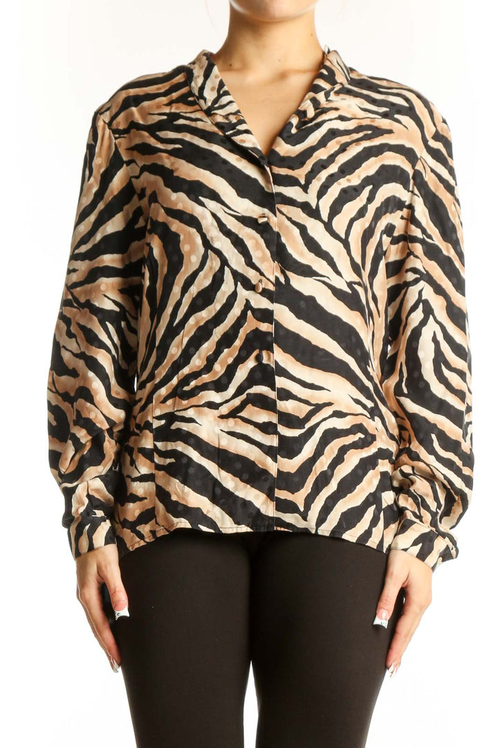 Front view of Jacqueline Ferrar tan and black zebra print silk blouse