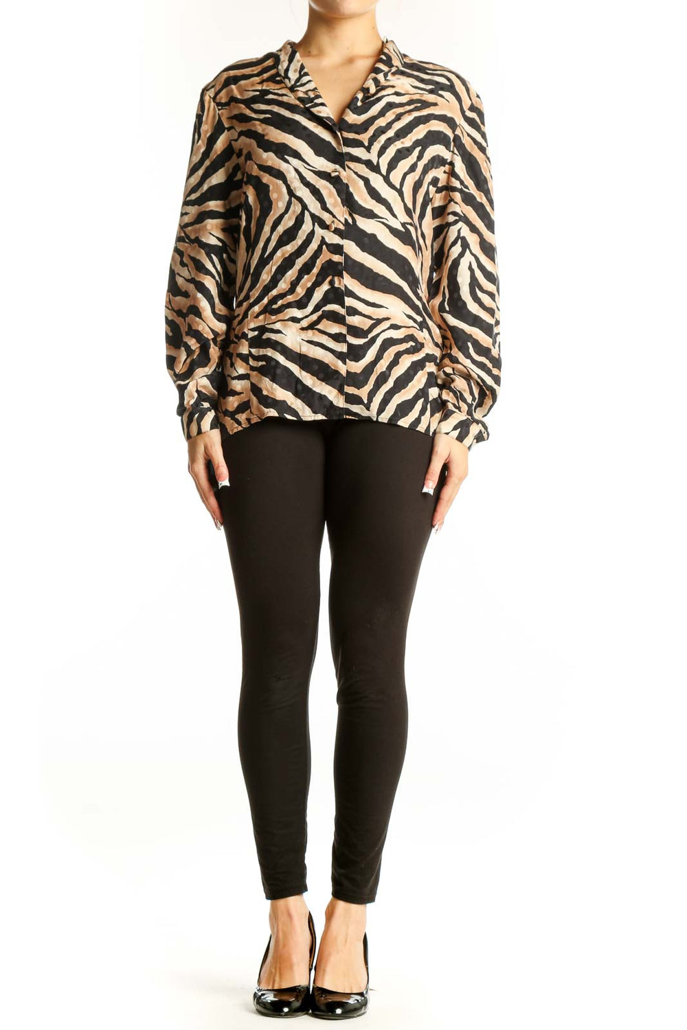 Front view of Jacqueline Ferrar tan and black zebra print silk blouse